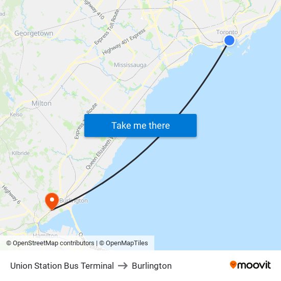 Union Station Bus Terminal to Burlington map