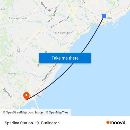 Spadina Station to Burlington map