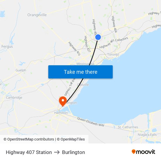Highway 407 Station to Burlington map