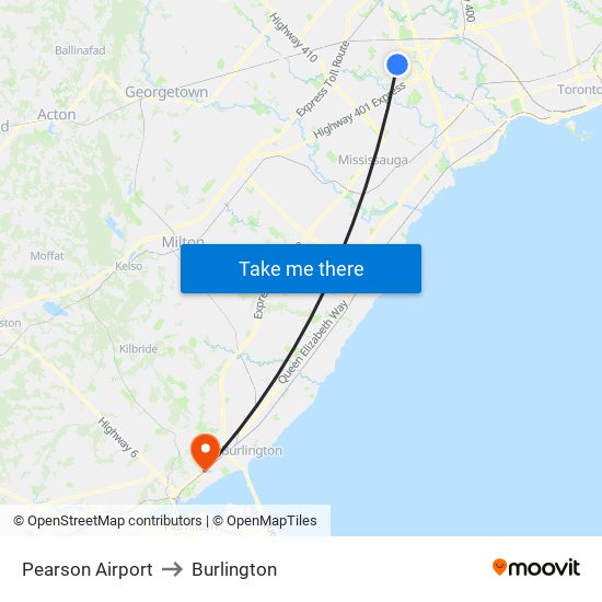 Pearson Airport to Burlington map