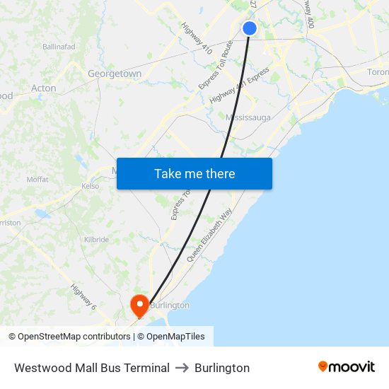 Westwood Mall Bus Terminal to Burlington map