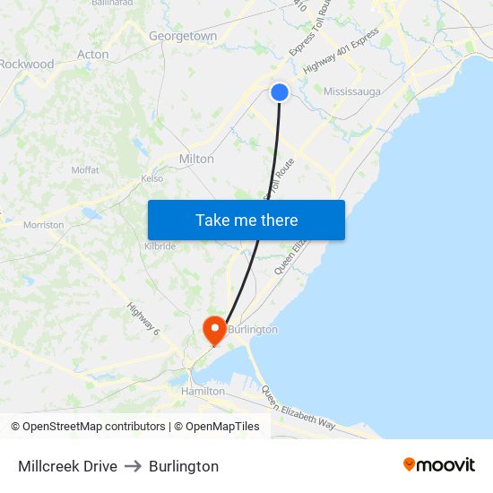 Millcreek Drive to Burlington map