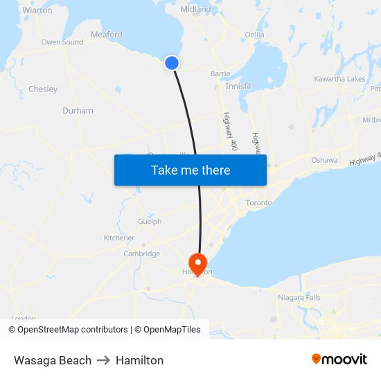Wasaga Beach to Hamilton map