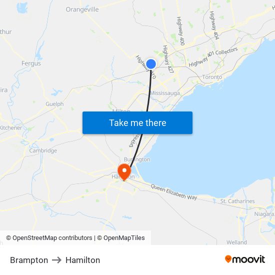 Brampton to Hamilton map