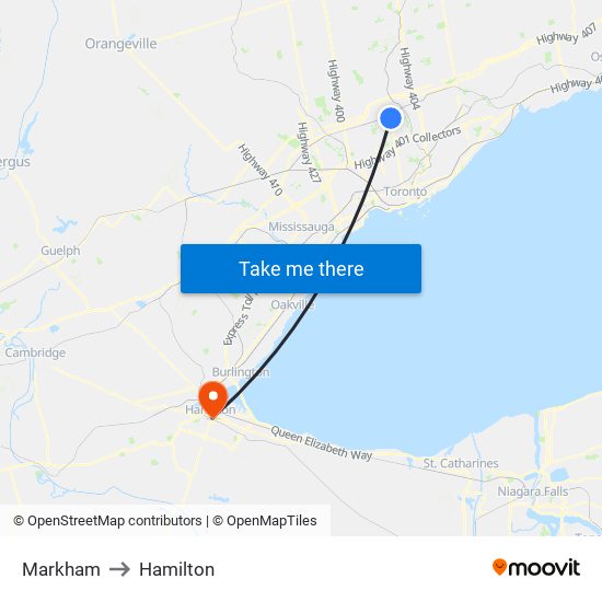 Markham to Hamilton map