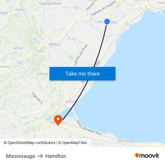 Mississauga to Hamilton map