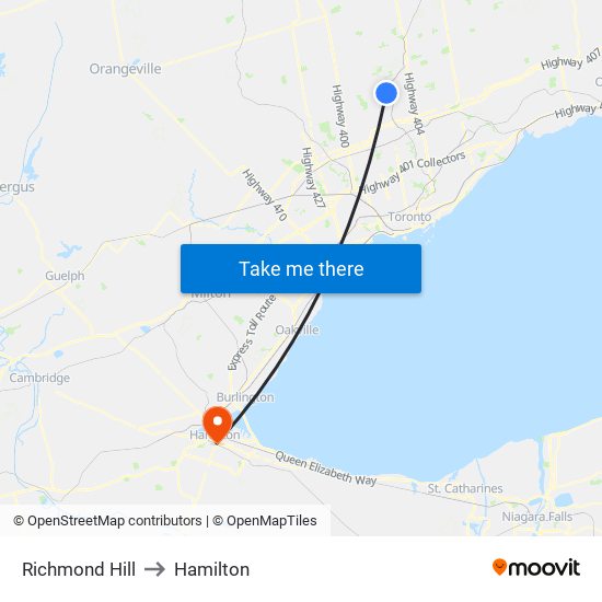 Richmond Hill to Hamilton map