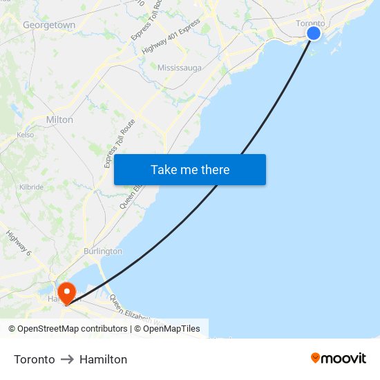 Toronto to Hamilton map