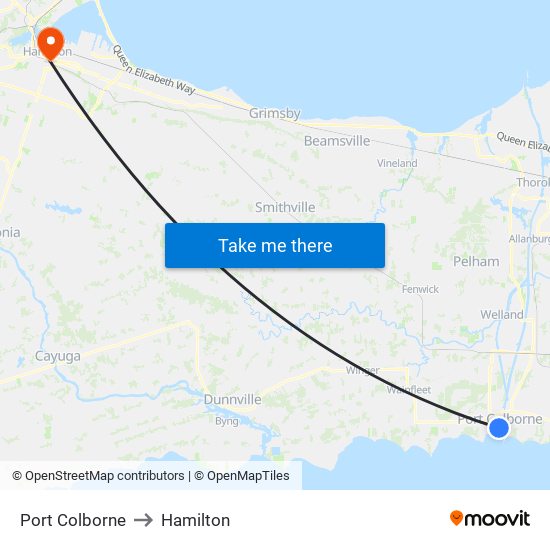 Port Colborne to Hamilton map