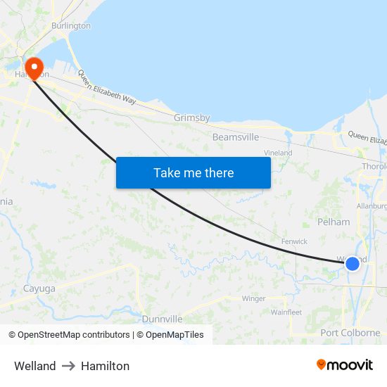 Welland to Hamilton map