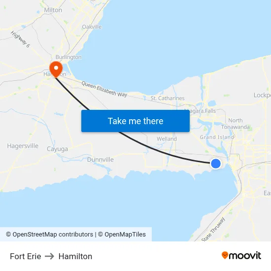 Fort Erie to Hamilton map