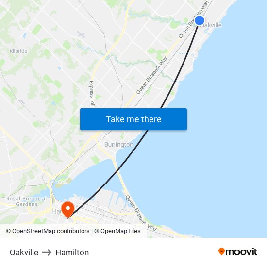 Oakville to Hamilton map