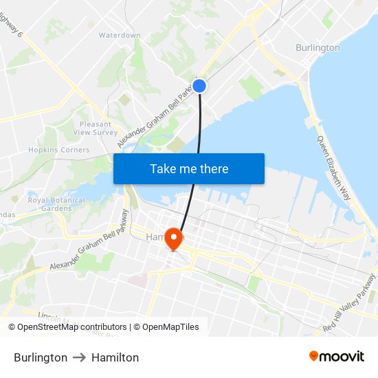 Burlington to Hamilton map