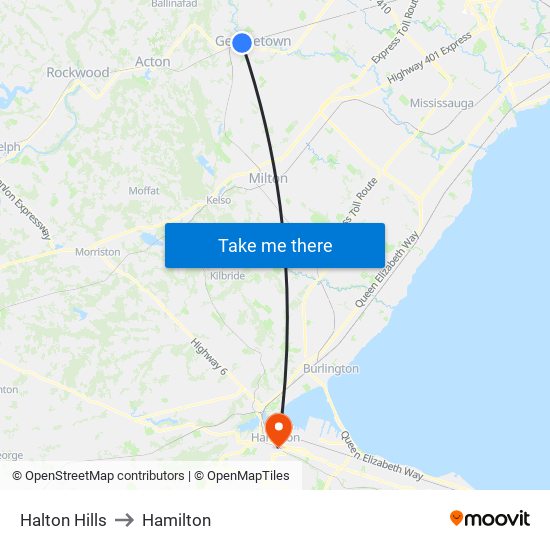 Halton Hills to Hamilton map