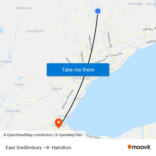 East Gwillimbury to Hamilton map