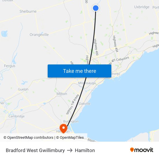 Bradford West Gwillimbury to Hamilton map