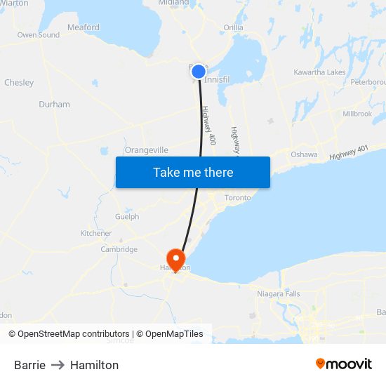 Barrie to Hamilton map