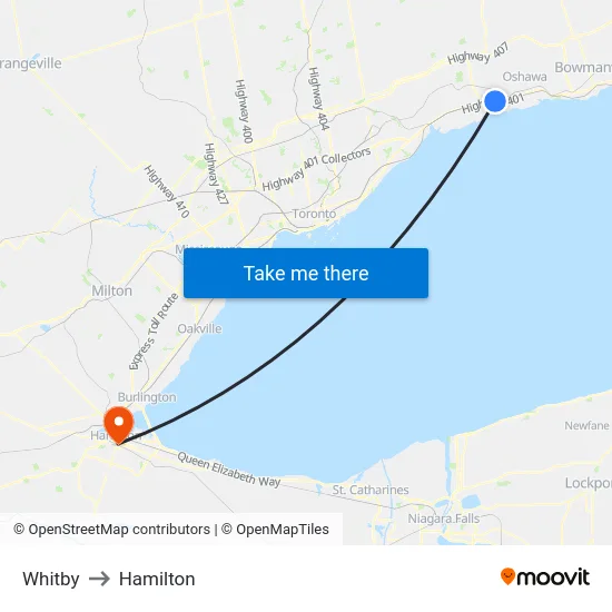 Whitby to Hamilton map