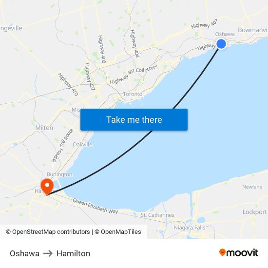 Oshawa to Hamilton map