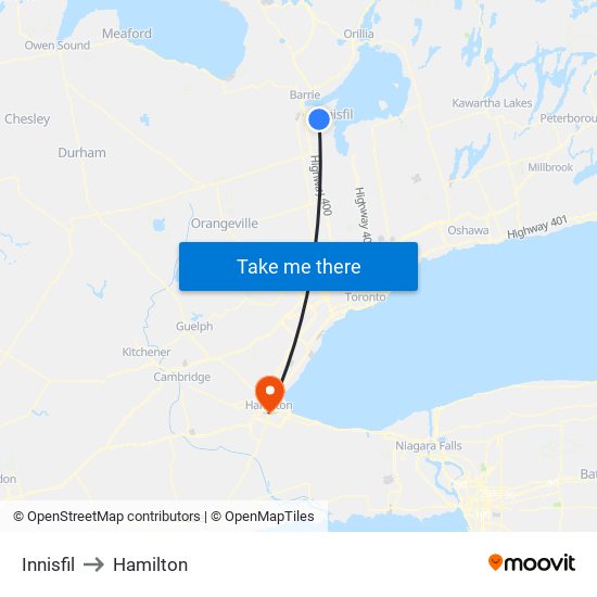 Innisfil to Hamilton map