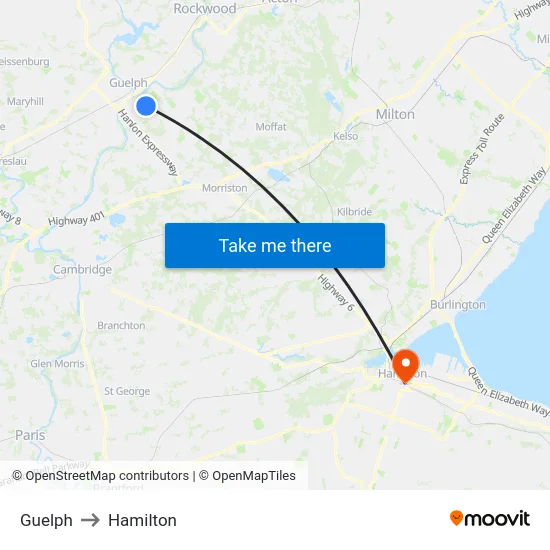 Guelph to Hamilton map