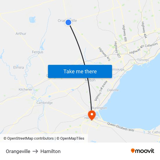 Orangeville to Hamilton map