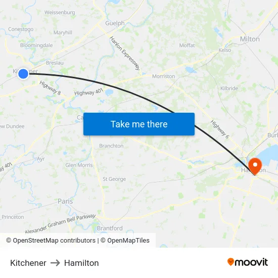 Kitchener to Hamilton map