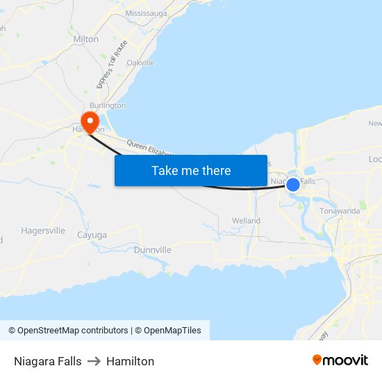Niagara Falls to Hamilton map