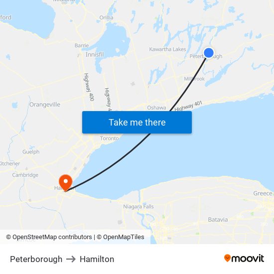 Peterborough to Hamilton map