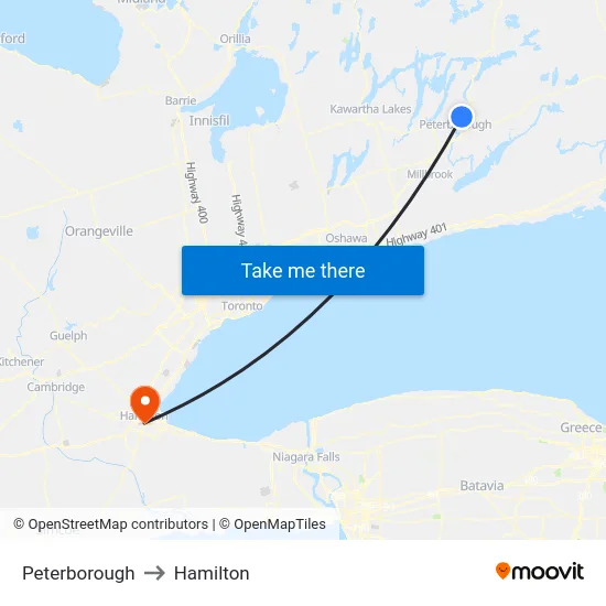 Peterborough to Hamilton map
