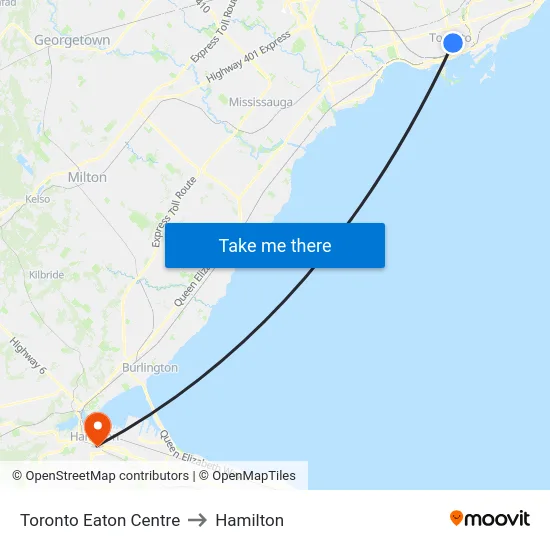 Toronto Eaton Centre to Hamilton map