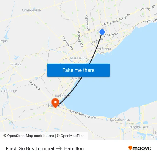 Finch Go Bus Terminal to Hamilton map