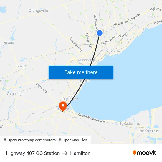 Highway 407 GO Station to Hamilton map