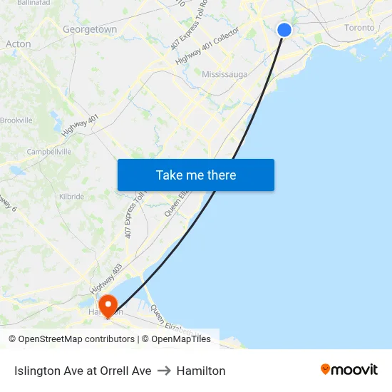 Islington Ave at Orrell Ave to Hamilton map