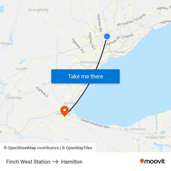 Finch West Station to Hamilton map