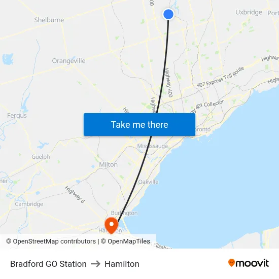 Bradford GO Station to Hamilton map