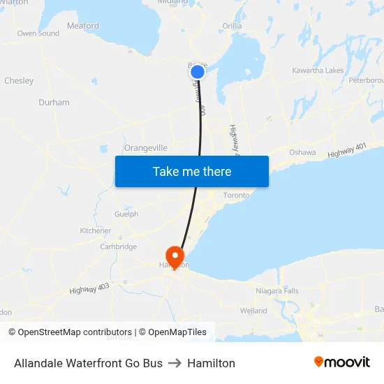 Allandale Waterfront Go Bus to Hamilton map