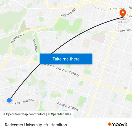 Redeemer University to Hamilton map