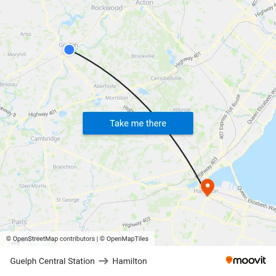 Guelph Central Station to Hamilton map
