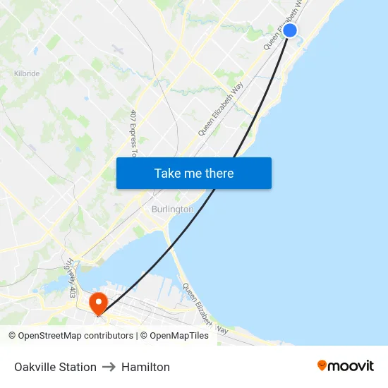 Oakville Station to Hamilton map