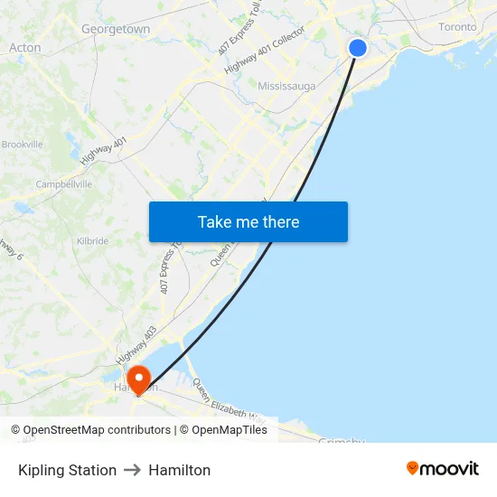 Kipling Station to Hamilton map