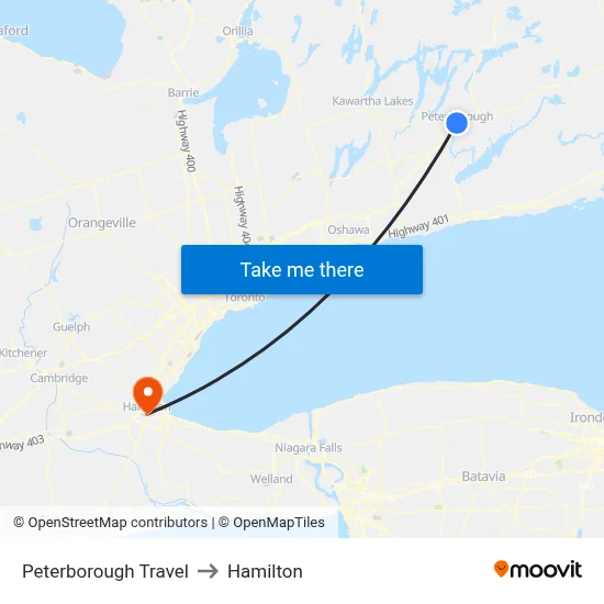 Peterborough Travel to Hamilton map
