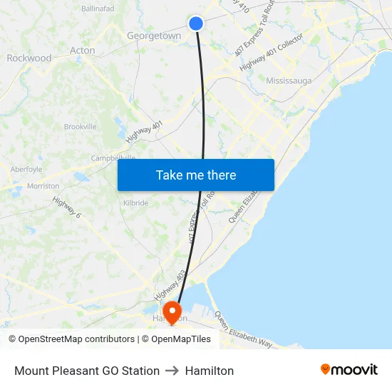 Mount Pleasant GO Station to Hamilton map