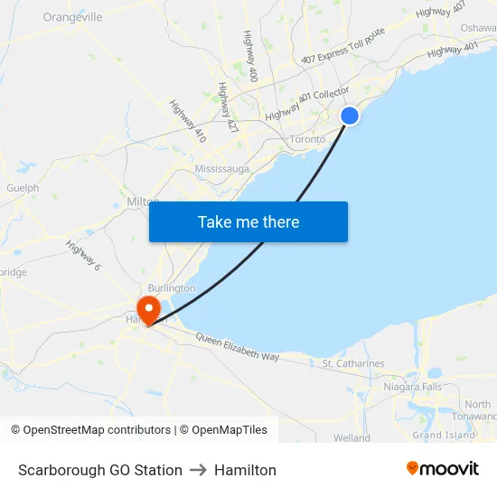 Scarborough GO Station to Hamilton map