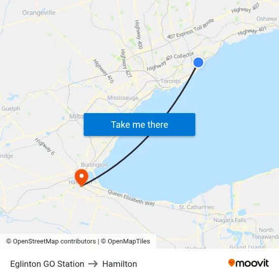 Eglinton GO Station to Hamilton map