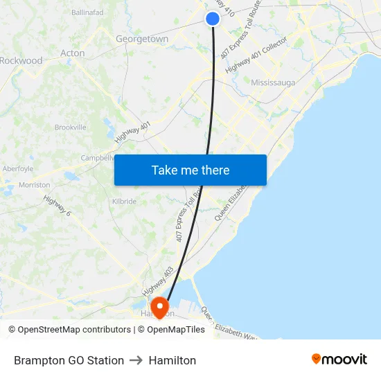 Brampton GO Station to Hamilton map