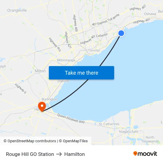 Rouge Hill GO Station to Hamilton map