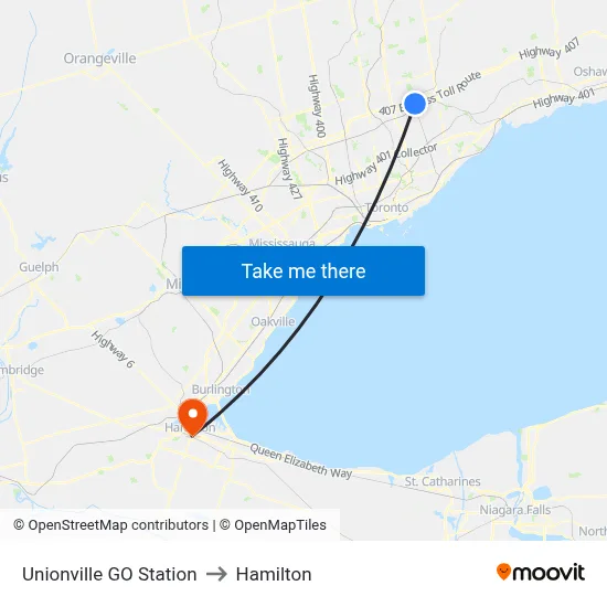 Unionville GO Station to Hamilton map
