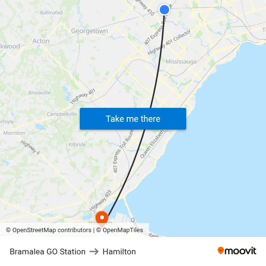 Bramalea GO Station to Hamilton map