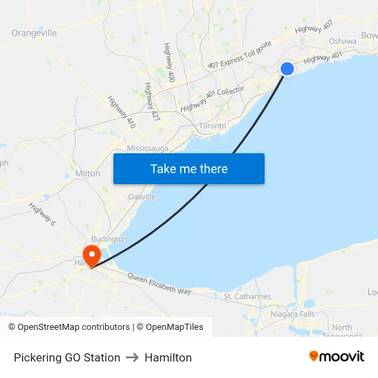 Pickering GO Station to Hamilton map